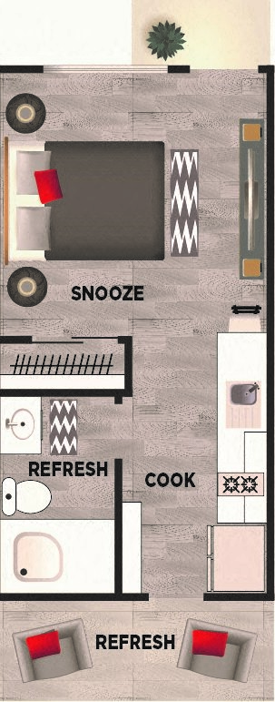 Floor plan for studio, 1 bath, 300 sqft
